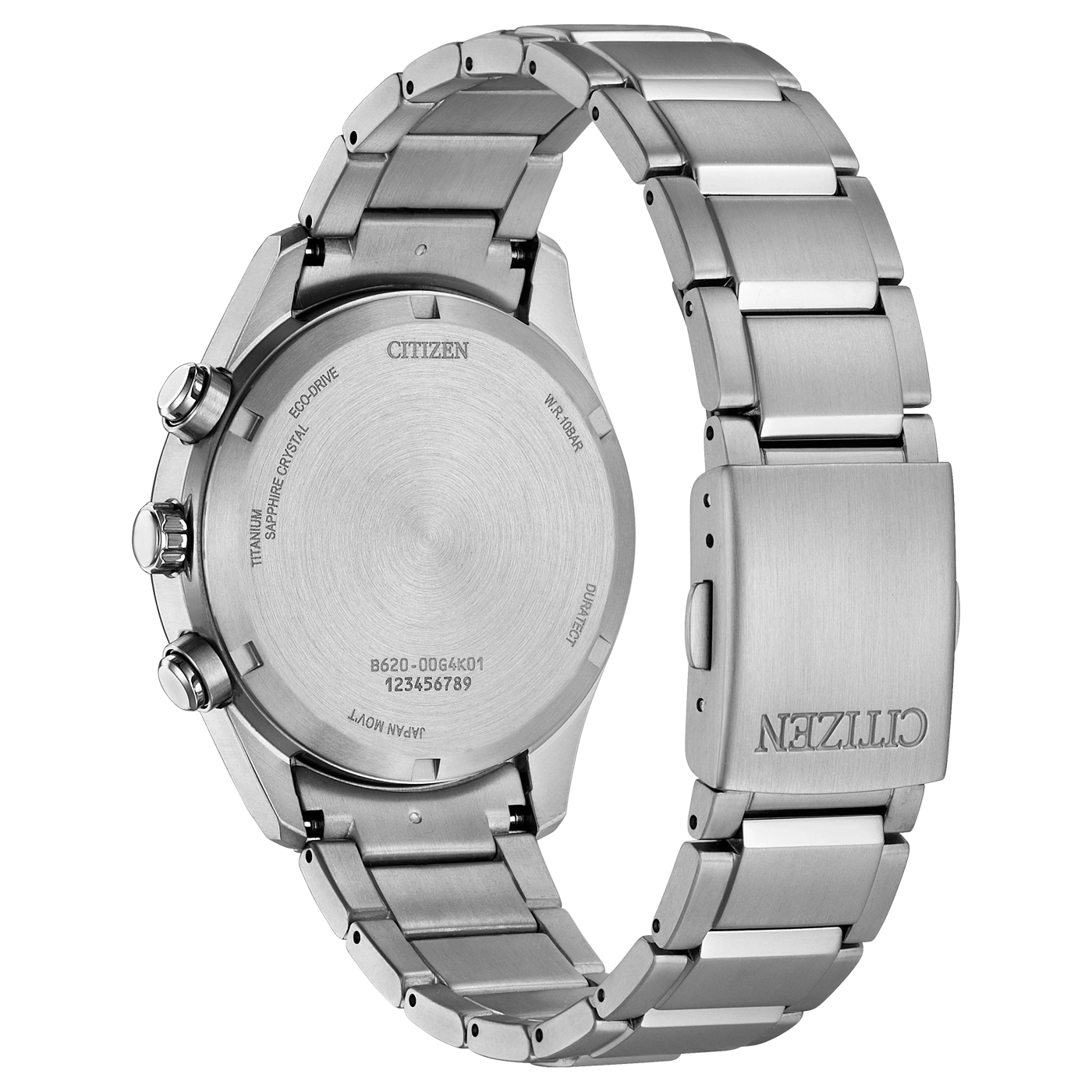 Back of a silver Citizen Eco-Drive watch with text.