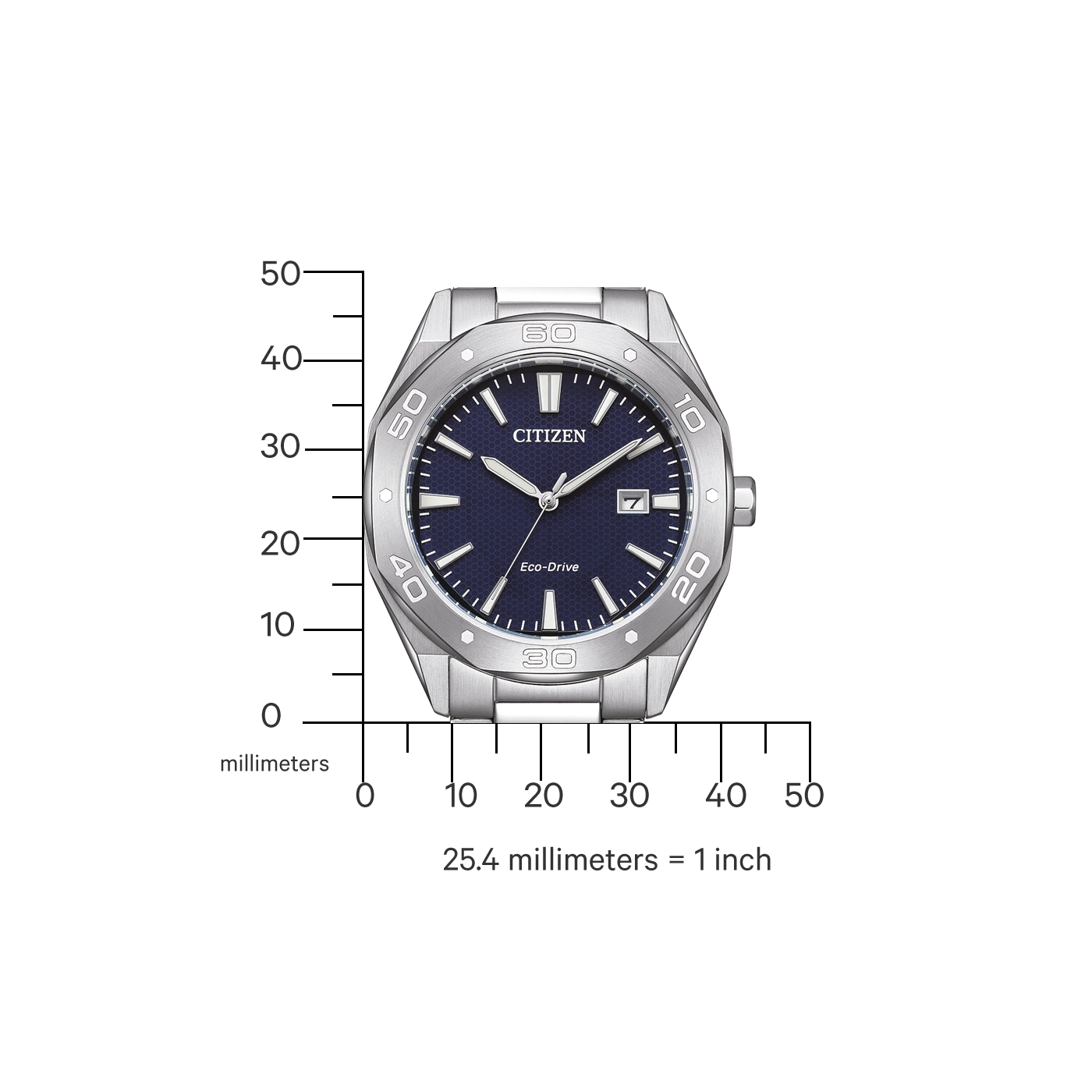 Citizen watch with blue face, silver bezel, and Eco-Drive technology. Displays time.